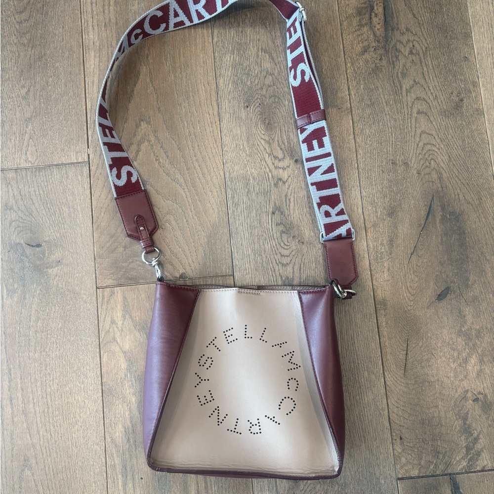 Stella McCartney Burgundy and Cream Logo Crossbody with Wide Branded Strap